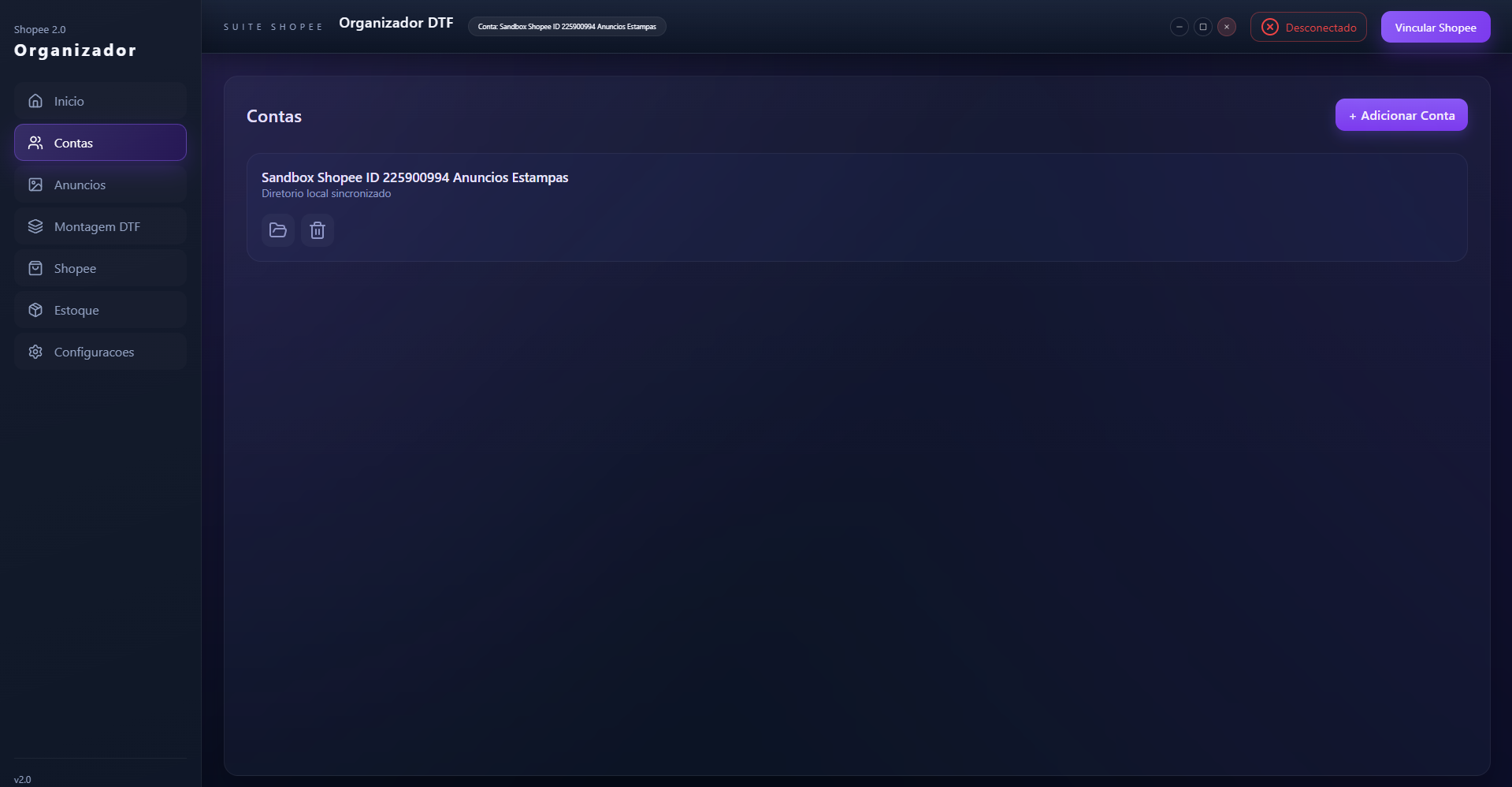 Tela de contas e sincronização de estampas